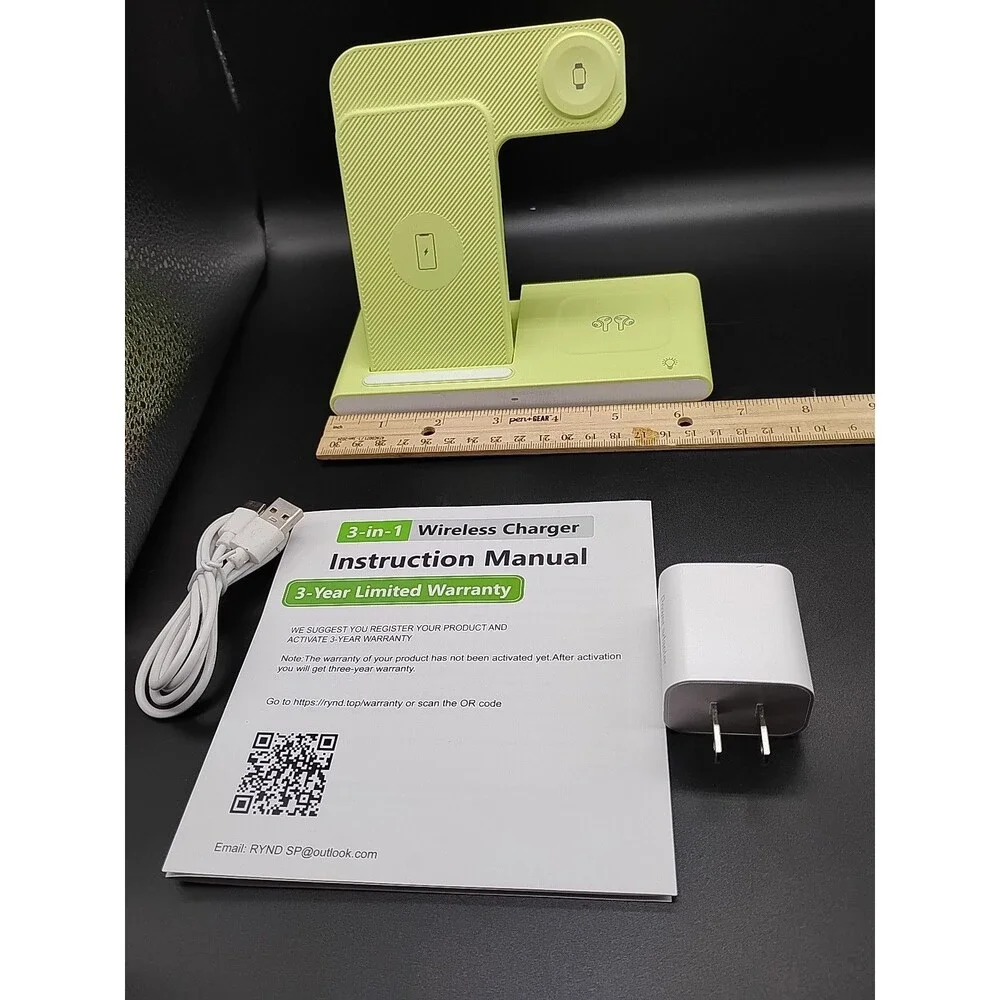 Wireless Charging Station 3 in Fast Charge  Apple iWatch Ultra+ SE 2-9 Lime Grn